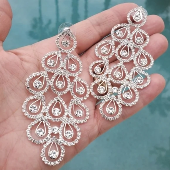 PLATINUM SILVER CZ Chandelier Earrings Waterfall Statement Bridal Wedding Bling - Picture 2 of 9